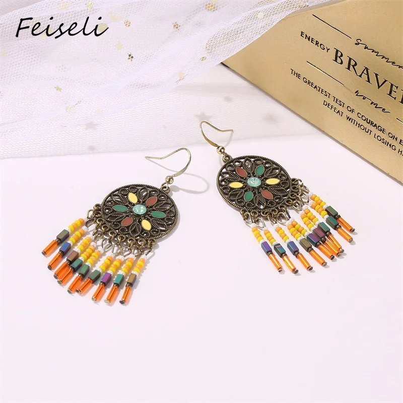 Feiseli цветные резные Многослойные женские серьги с кисточками в этническом стиле