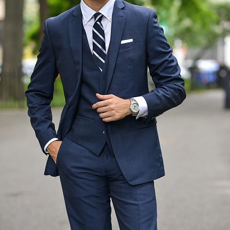 

New Tailor Made Navy Blue Mens Suits Fashion Formal Business Blazer Vintage Wedding Groom 2 Piece Slim Sets (Jacket+Pants+Vest)