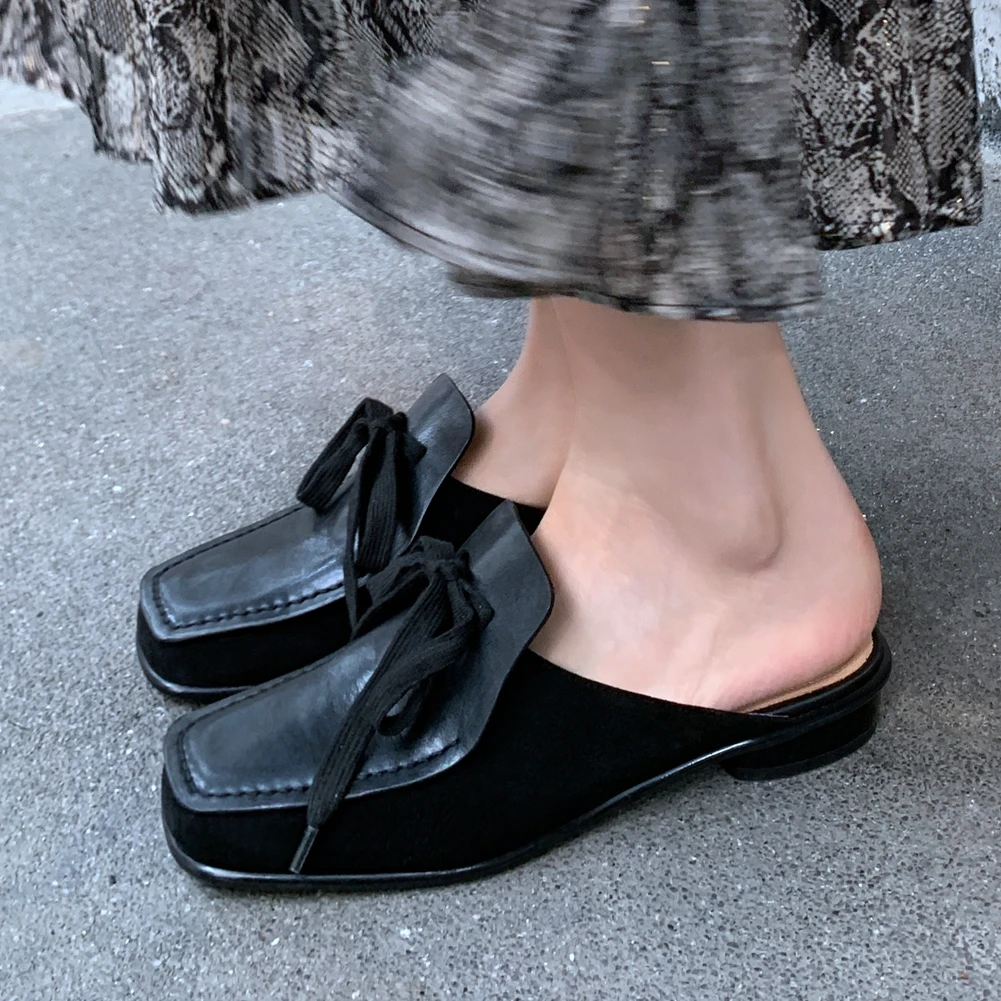 

JOUIR TALONS Brand Design High Qiality Women Shoes Mules Real Lether Low Heels Shoelace Square Toe Big Size