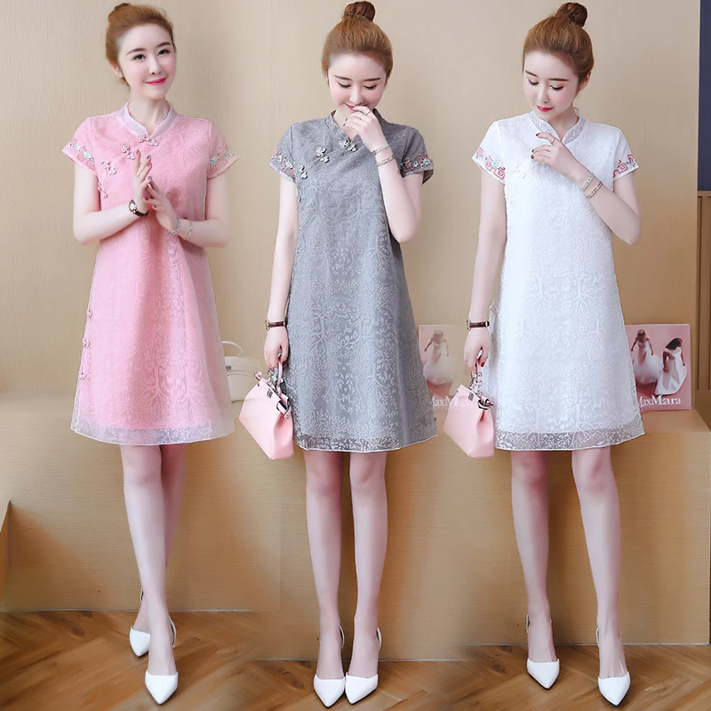 Женское винтажное кружевное платье Ципао белое свободное короткое в