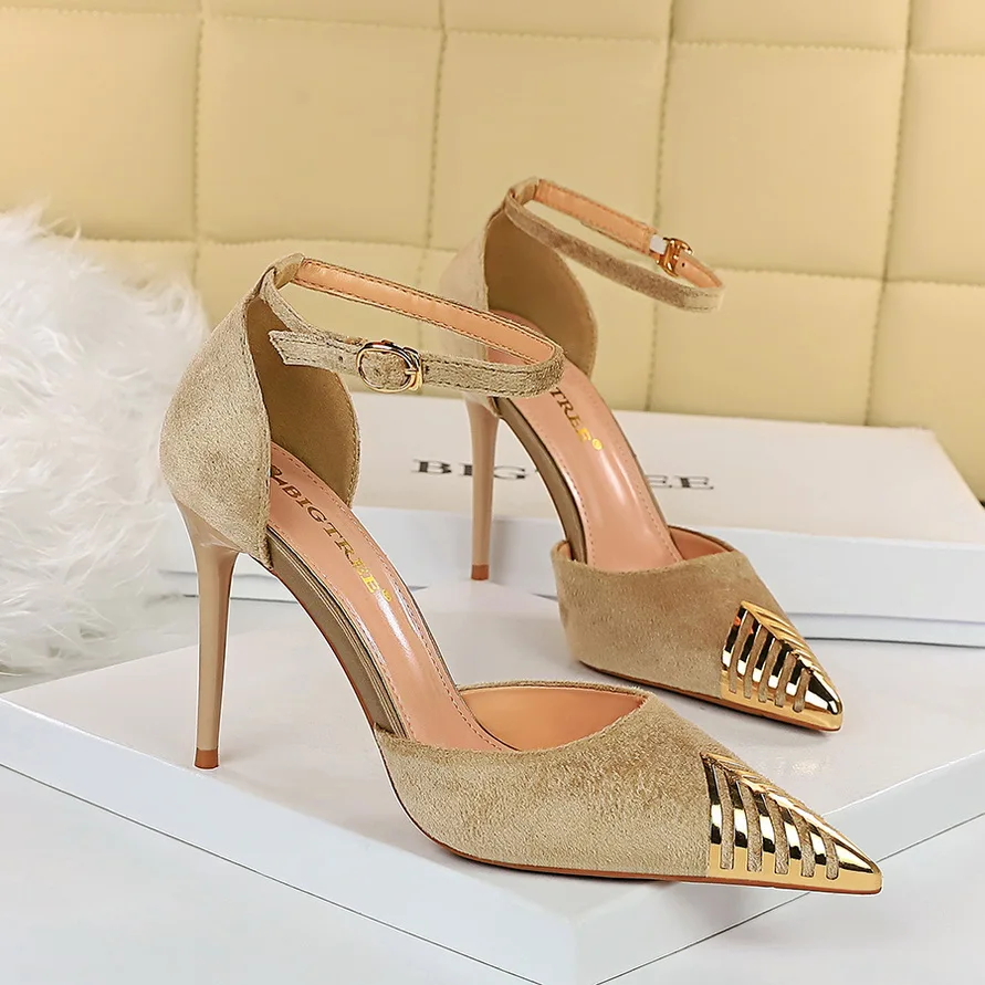 Туфли BIGTREE женские на шпильке пикантные замшевые туфли-лодочки металлический
