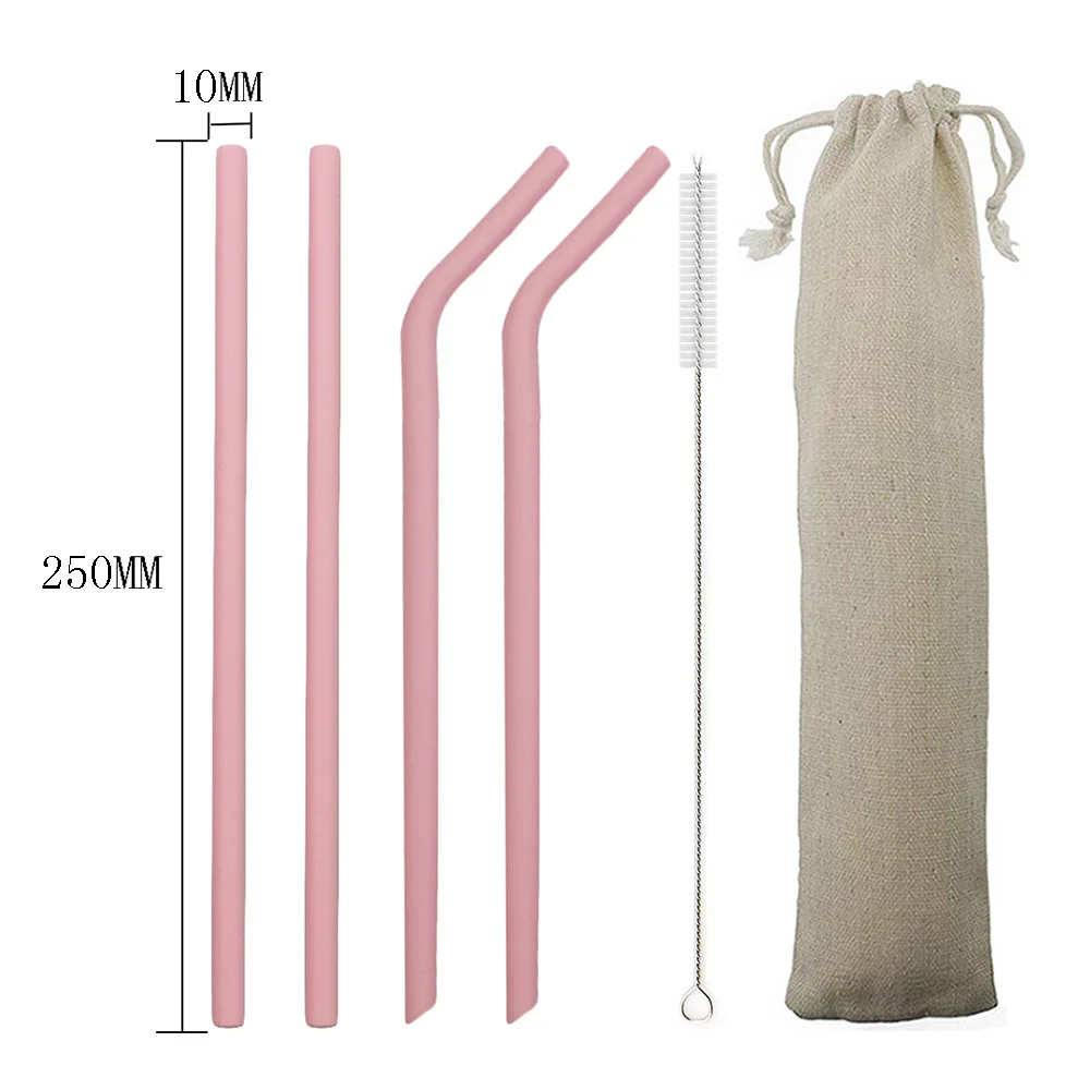 pink 250mm 6 шт./компл. красочное питье силиконовая трубочка набор 23 см 25 см пищевой соломинки для путешествий многоразовая солома с кистью сумка для хранения - Цвет: pink 250mm