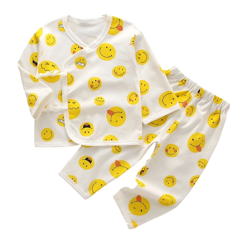 

D7WF 100% Cotton 2-Piece Baby Pajamas Set Long Sleeve Kimono Shirt and Essential Cute Pants for Newborn-6 Months