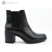 retro simple elastic band crocodile pattern black imitation leather round head high heel ankle boots
