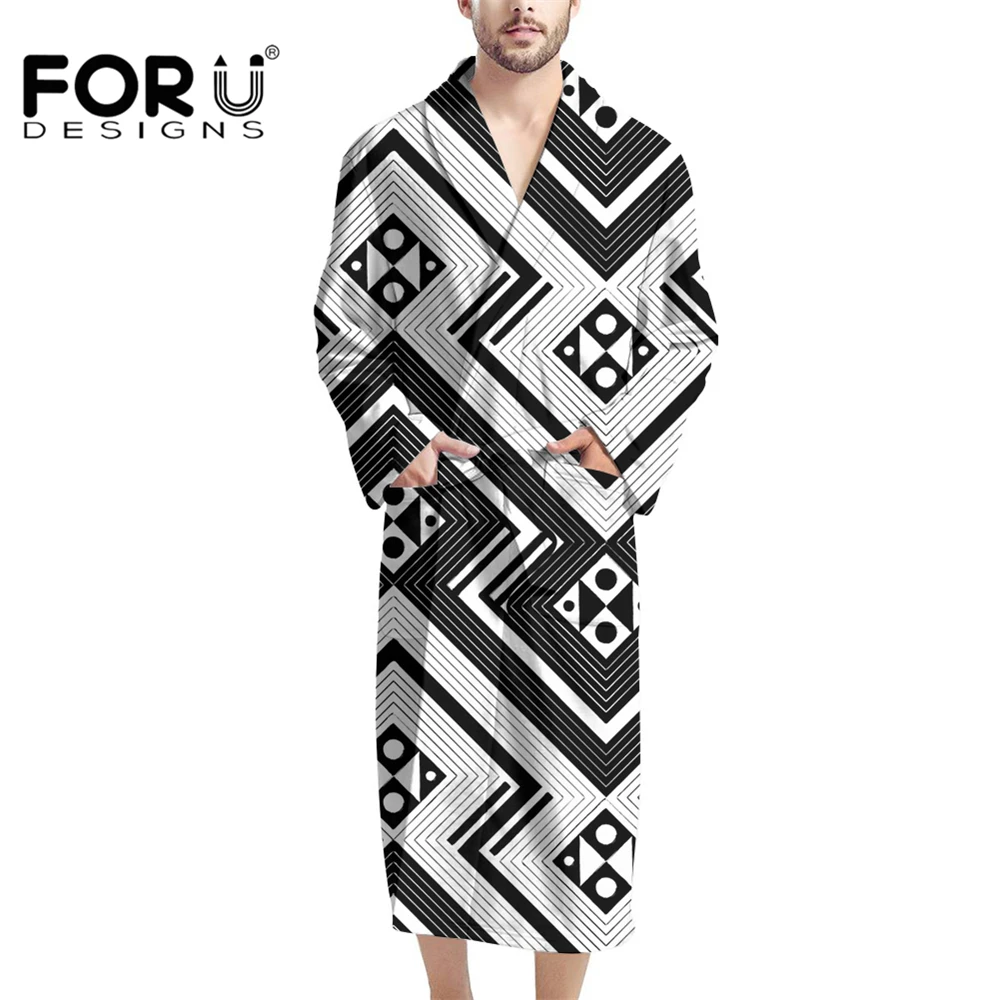 

FORUDESIGNS Black and White Geometric Abstract Striped Men Kimono Comfortable Soft House Wear Shawl Collar Robe Night Gown