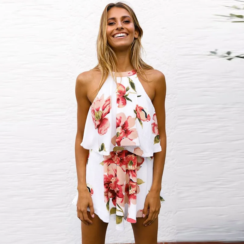 

The new summer 2021 women's sexy fashion hot style sleeveless print jumpsuit with neck and shoulder hanging