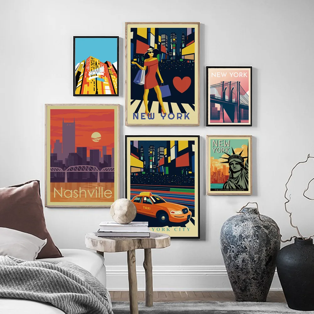 Девушка Нью-Йорк мост такси пейзаж настенная Картина на холсте скандинавские