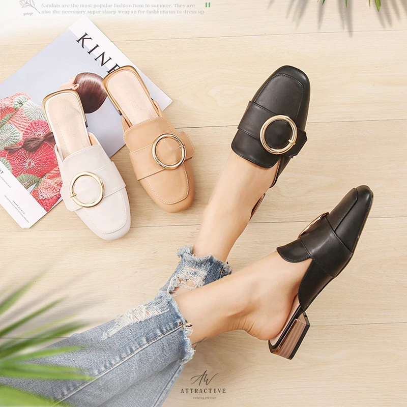 Мюли женские на низком каблуке повседневные шлепанцы с квадратным носком