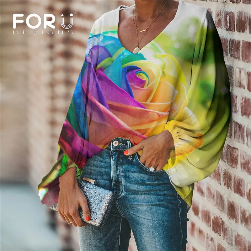 FORUDESIGNS Colorful Flower Rose Printing Ladies Blouse Casual Loose Long Sleeve Women Tops and Plus Size Shirt Clothing | Женская