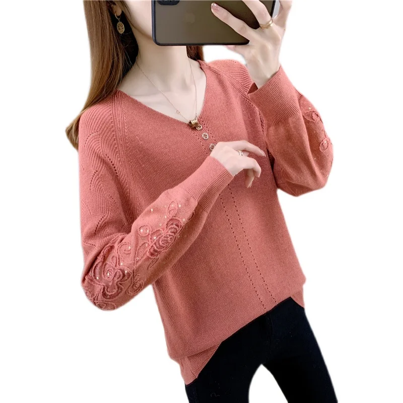 

Small room 2 room 193324 on the shelf pure color film of spring v-neck nail bead pullovers [1257] 50
