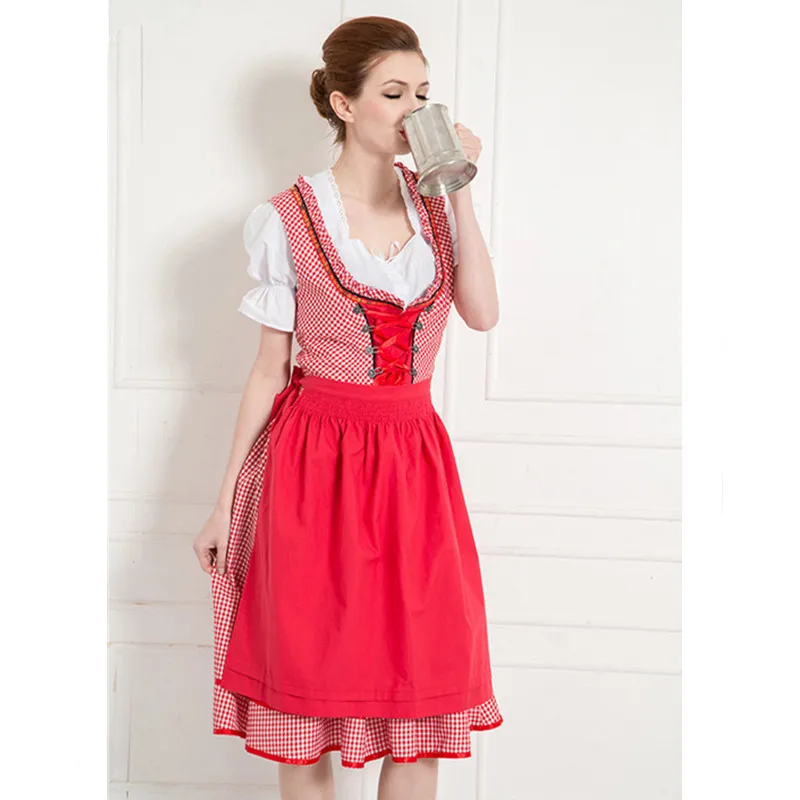 Oktoberfest Costume Beer Festival October Dirndl Red Maid Peasant Skirt Dress Apron Blouse Gown German Wench Costume Fancy Dress