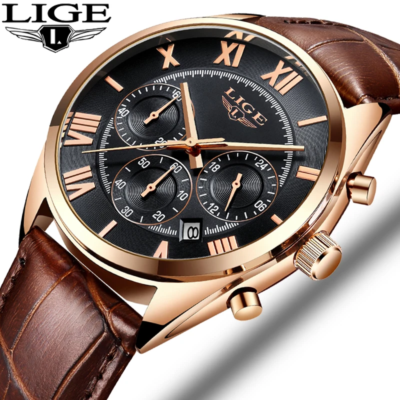 

LIGE New Fashion Men Watches Analog Quartz Wristwatches 30M Waterproof Chronograph Sport Date Leather Band Watches montre homme