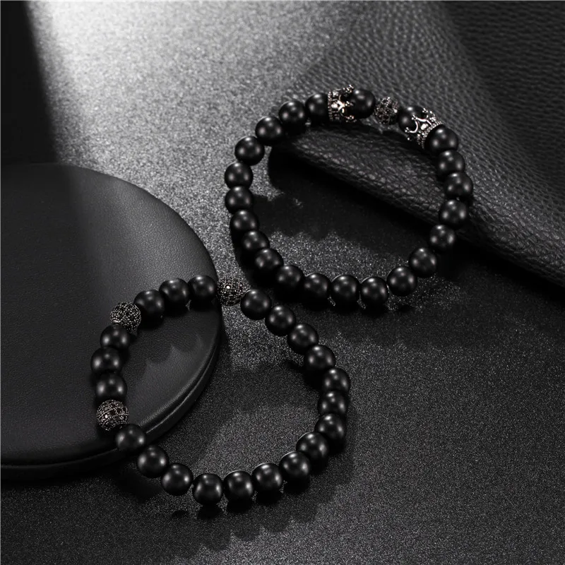 Черный матовый браслет из оксин-камня с бусинами CZ Аксессуары в виде короны и