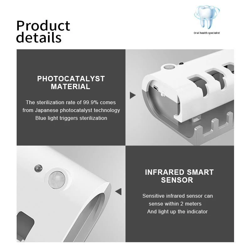 Esterilizador de cepillo de dientes USB, soporte para cepillo de dientes, esterilizador de doble capa, dispensador autom&aacute;tico de pasta de dientes, herramientas de ba&ntilde;o montadas en la pared-3