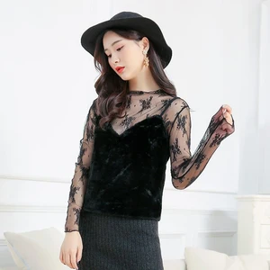 Женские кружевные блузки, женские топы с оборками, сексуальные сетчатые блузки, прозрачная блузка с длинным рукавом, черная рубашка в горошек со звездой, блузка DD8097