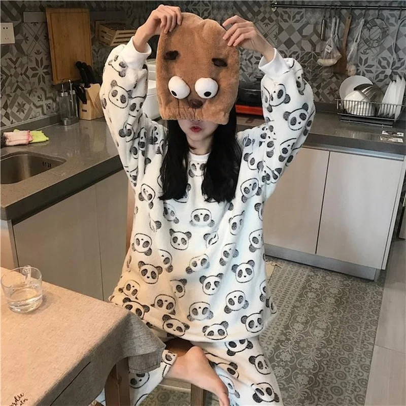 QWEEK Pijamas Women Kawaii Panda Print Flannel Pajamas Autumn Winter Sleepwear Home Clothes Long-sleeved Trousers Pyjamas Warm