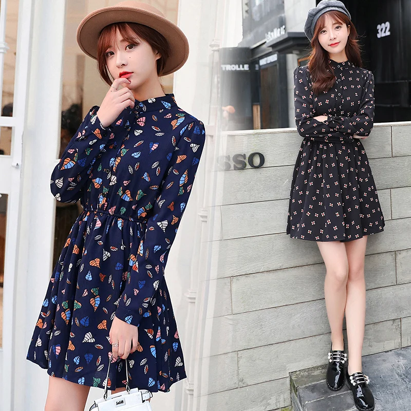 2019 осенняя одежда с принтом тонкая плиссированная юбка Осеннее шифоновое платье