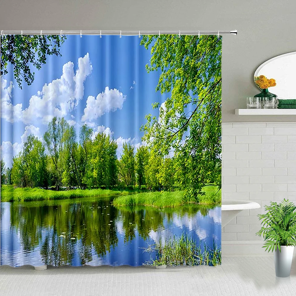 

Natural Scenery Shower Curtains Forest Trees Green Meadow Flower Spring Landscape Bathroom Decor Waterproof Cloth Curtain Set