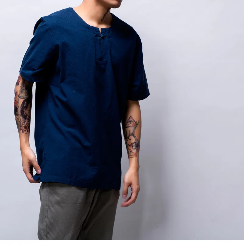 

Men's Chinese style o-neck short sleeve t-shirts white gray Dark blue summer causal t-shirt linen tees for men new tops male