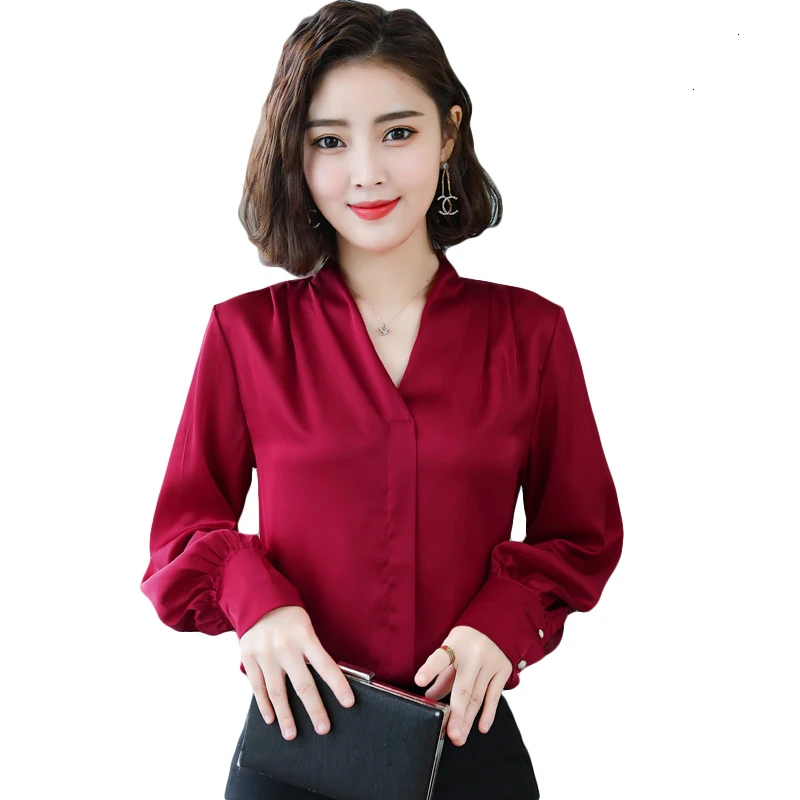 2019 Lente Nieuwe Mode Vrouwen повседневные сексуальные v-образный вырез атласные блузки Lange Mouw