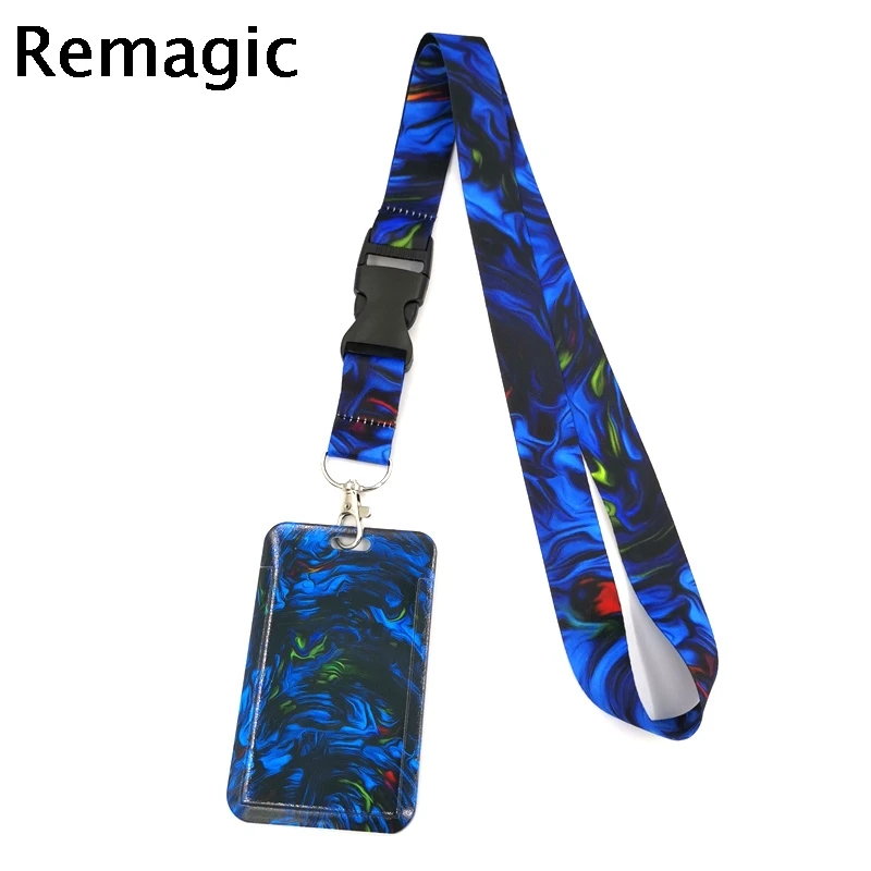 

Blue Watercolor Marble Pattern Lanyard Credit Card ID Holder Bag Student Women Travel Card Cover Badge Car Keychain Decorations