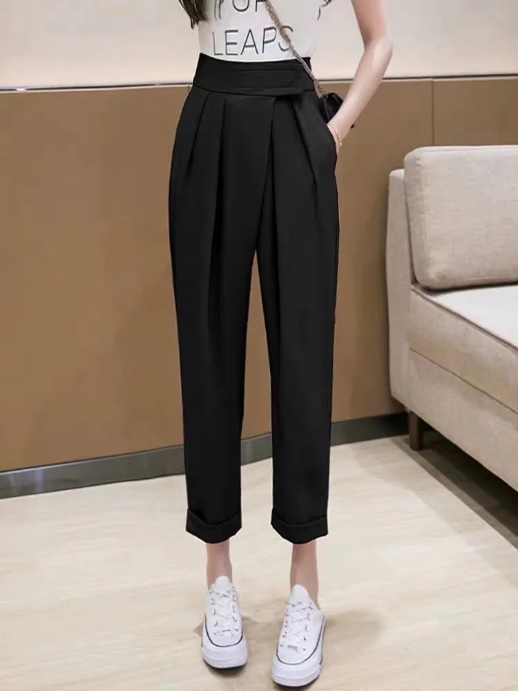 

Casual Pants Women Spring Ankle-length Button-fly Straight Black Office Ladies Elegant Fashion Drape All-match Female Chic New