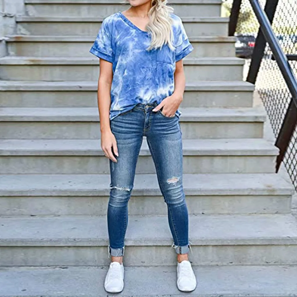 2020 Tie-dye Shirt Women Summer Short Sleeve V-neck T-shirt Casual Tops Tees Verano Mujer Woman Clothing Feminina Camiseta | Женская