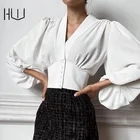 Женская рубашка-поло с длинным рукавом-фонариком, V-образным вырезом и пуговицами