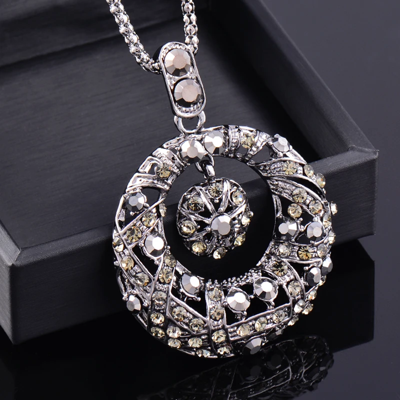 SINLEERY ретро черный Цирконий большой полый круг подвеска длинное ожерелье черная