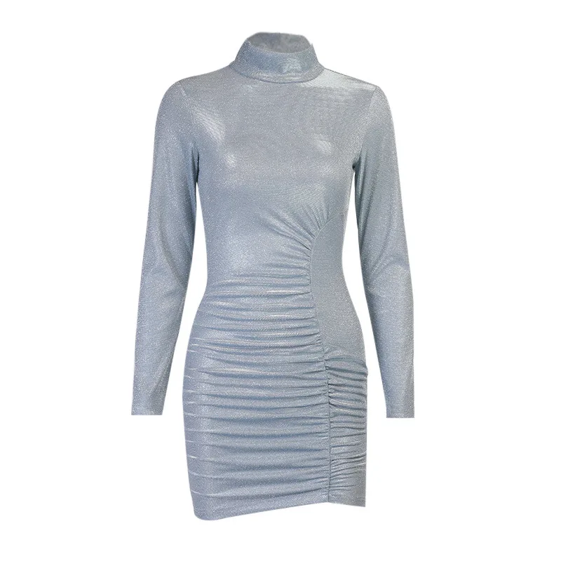 

FAKUNTN Women's Dress Woman Clothes Long-Sleeve Dresses 2021 Autumn Winter New Shiny Pleated Skinny Club Party Sexy Dress