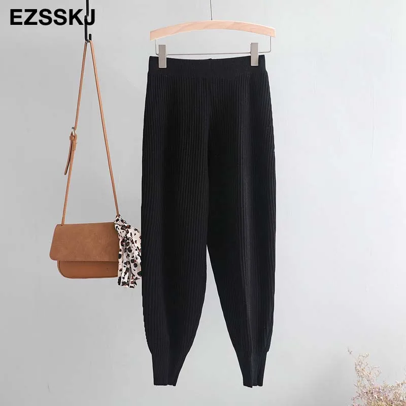 Черный casual Elastic Waist Trousers Thick Knitted Women Harem Pants Autumn Winter Sport swear female sweater Radish pants Grandma - Цвет: Черный