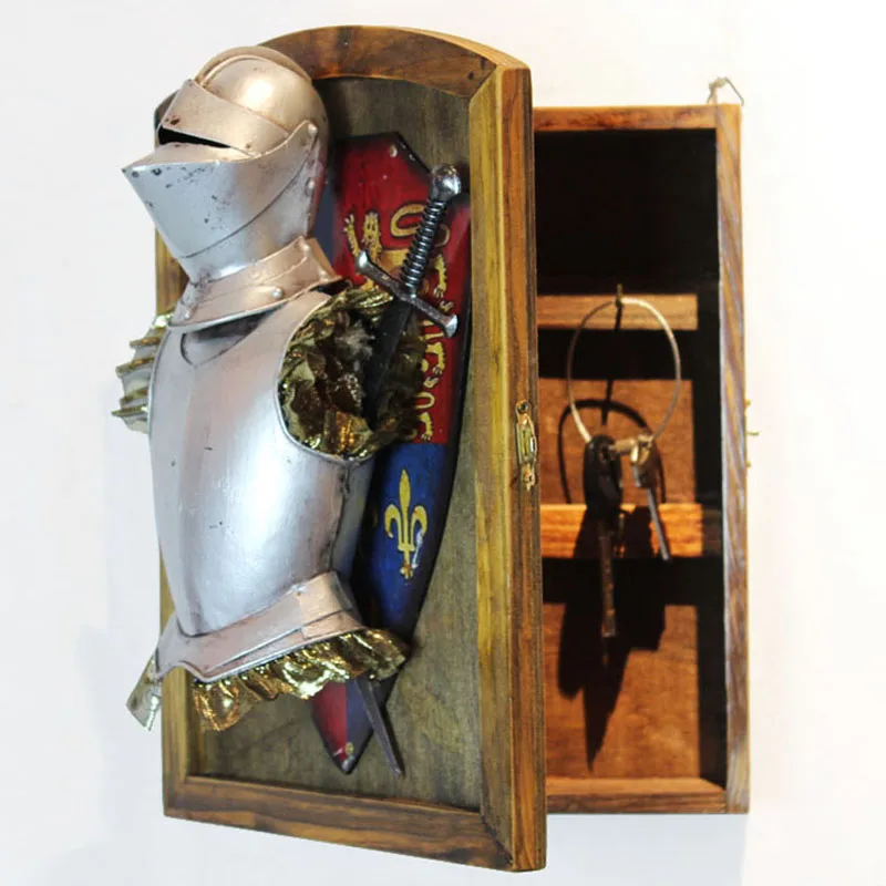 

Ancient Roman Retro Knight Armor Antique accessory Wall hanging/Nostalgic Farm Garden Wooden pendant key Storage Box Loft Decor