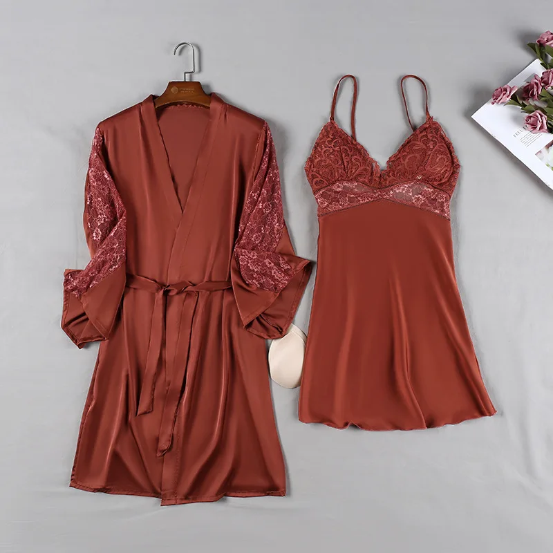 

2021 Silky Satin Robe Set Sexy Female Sleepwear Summer Kimono Bathrobe Lace Trim Bride Bridesmaid Dressing Gown Casual Nightgown