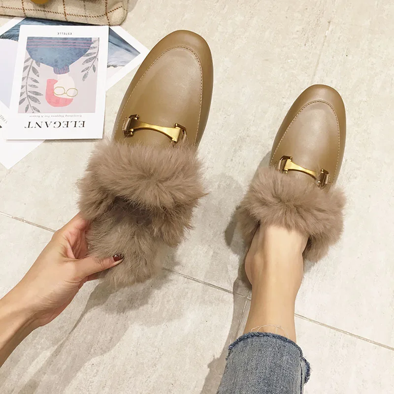 

Autumn Winter New Faux Fur Mules Women Lazy Shoes Comfort Sexy Ladies Shoes Women Slippers Furry Slides Fluffy Hairy Flip Flops