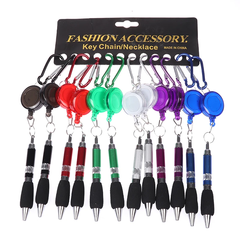 1Pc Cute Retractable Badge Reel Ballpoint Pen Belt Clip Key Chain With Carabiner Ring Lanyard School Office Supplies |