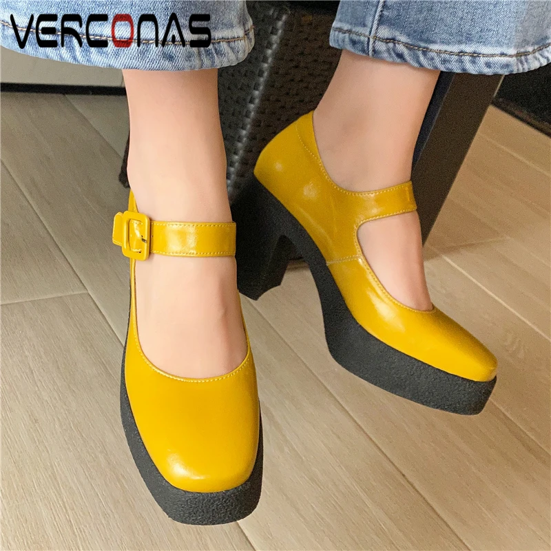 

VERCONAS 2021 Platforms Genuine Leather Women Mary Janes Pumps Classic Retro Concise High Heels Spring Summer Casual Shoes Woman
