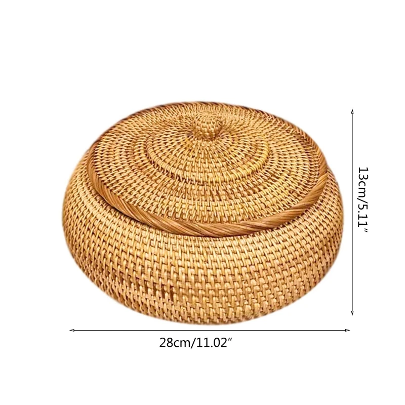 

Pure Natural Handmade Rattans Weaving Round Storage Basket with Cover Fruit Dish Hand-woven Rattans Bread Basket Storage