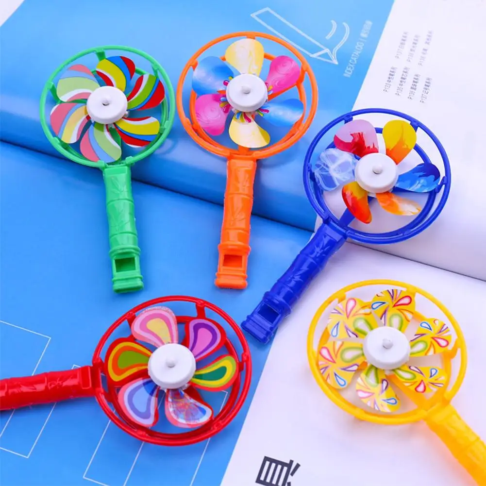 

5Pcs Children Coloful Windmill Whistle Musical Developmental Toy Party Props Plastic Whistling Handle Toys Pinwheel Wind Spinner