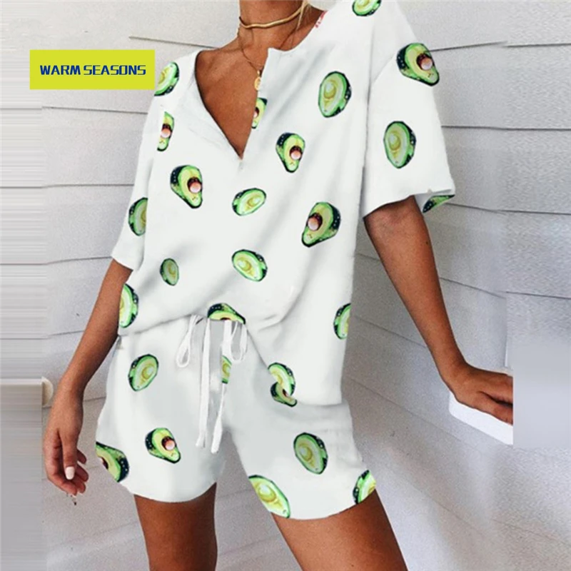 

Women's Print Pajama Set Summer 2 Piece Set Women's Tracksuit T-Shirt Suits Female Casual Suits 2021 V-neck Top