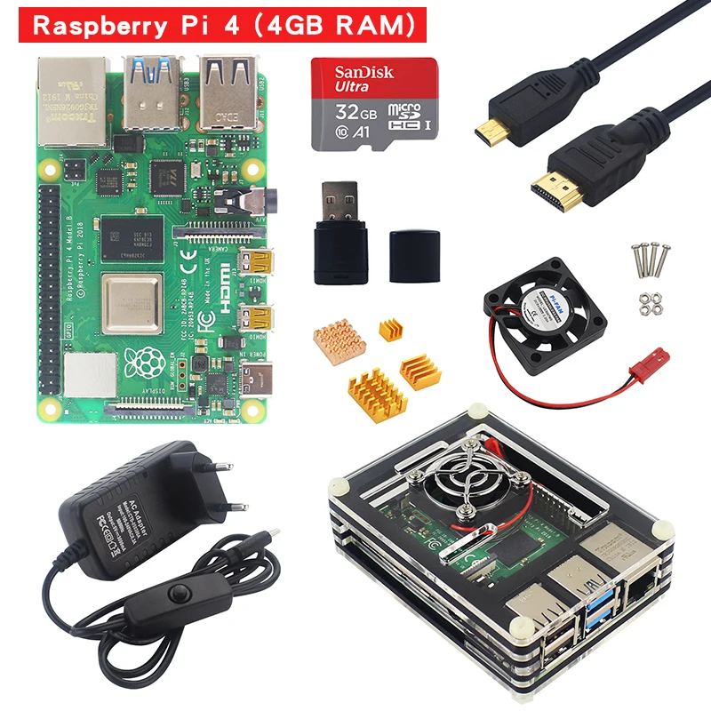 Raspberry Pi 4 Модель B стартовый комплект 1G 2G 4G ram 2,4G и 5G WiFi Bluetooth 5,0 Micro HDMI+ чехол+ источник питания Raspberry Pi 4B