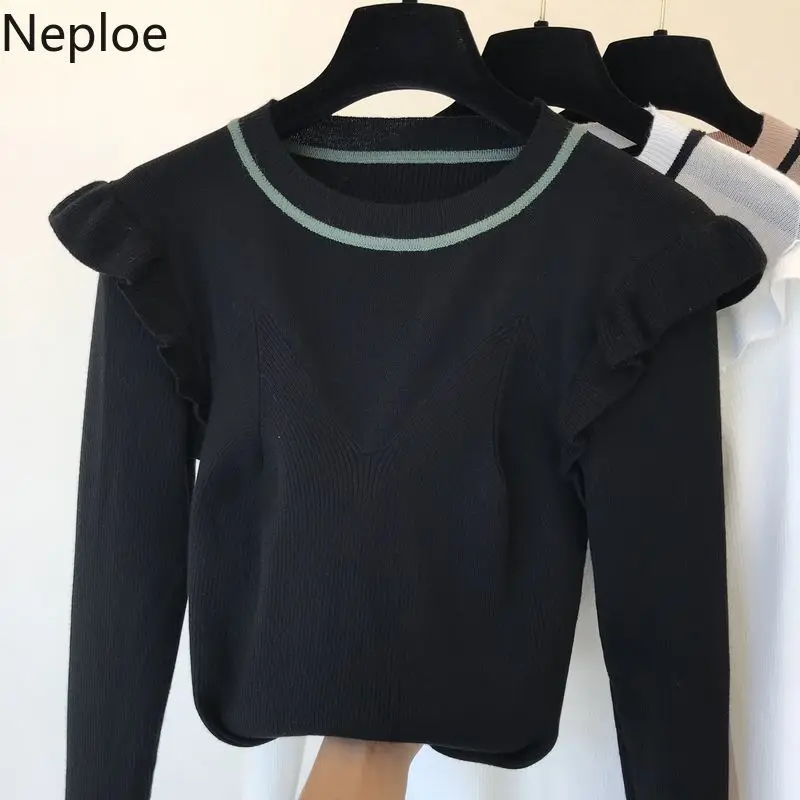 Neploe Ins/элегантный трикотажный женский свитер с О-образным вырезом оборками