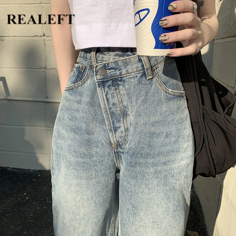 

REALEFT Spring Summer 2021 New High Waist Loose Jeans For Women Casual Straight Pants Irregular Chic Jeans Retro Washed Jeans