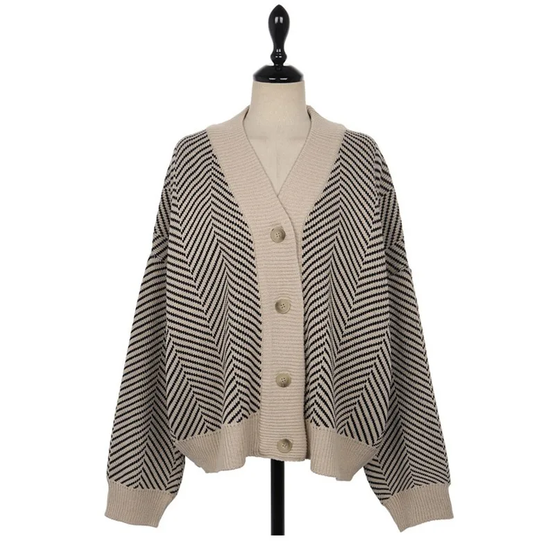 

2021 New Autumn and Winter Sweater Women Single-breasted Outer Wear Cardigan Soild Loose Striped Thick Knitted Cardigan Jacket