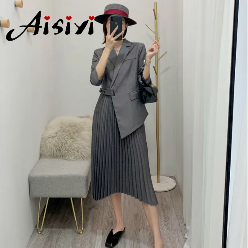 Женское винтажное плиссированное платье блейзер элегантное офисное с длинным