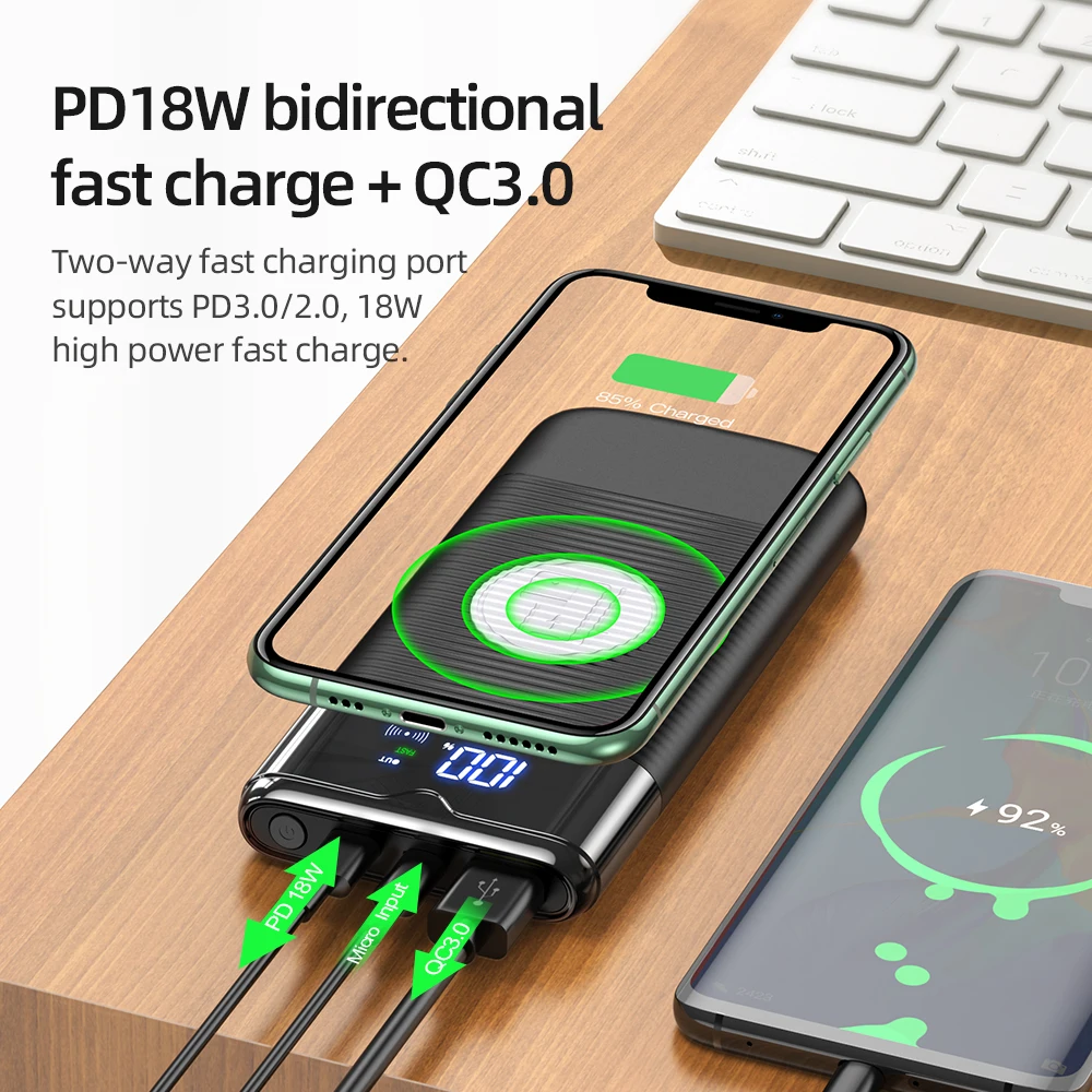 

hoco 10000mAh Power Bank Wireless Charger Power bank PD+QC3.0 18W Fast Charging USB Powerbank External Battery for iphone Xiaomi