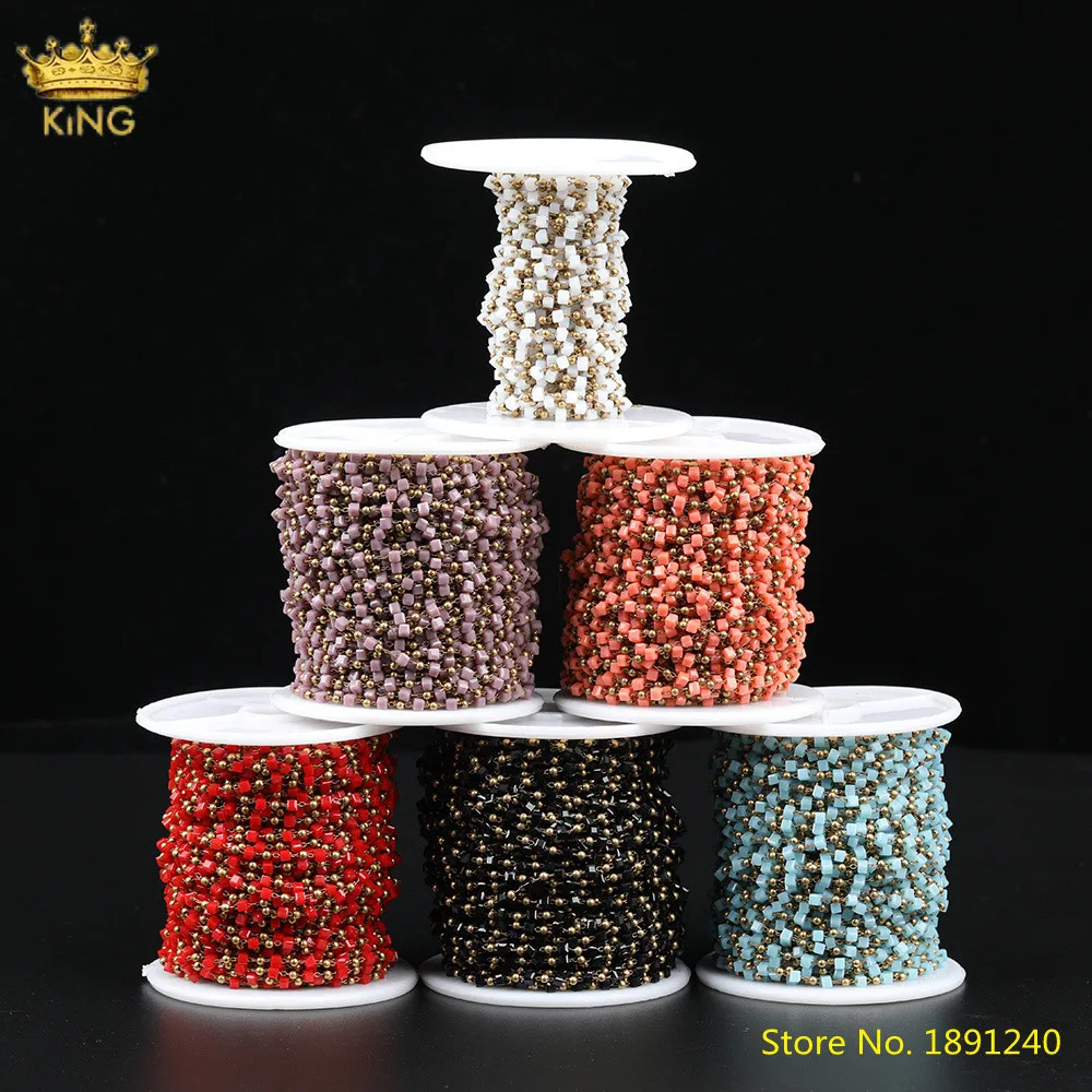 

5Meters Sale,2mm Tiny Glass Cube Beads Rosary Chains,Plated Bronze Wire Wrapped Glass Square Beads Chains DIY Jewelry Findings