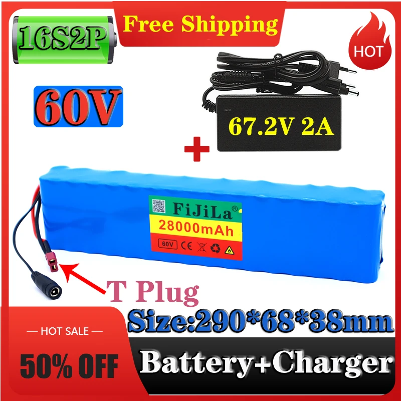 

New 16S2P 60V 28Ah 1000W Lithium Ion Battery 67.2V electric bike electric wheelchair and motorcycle battery XT60/T plug+charger