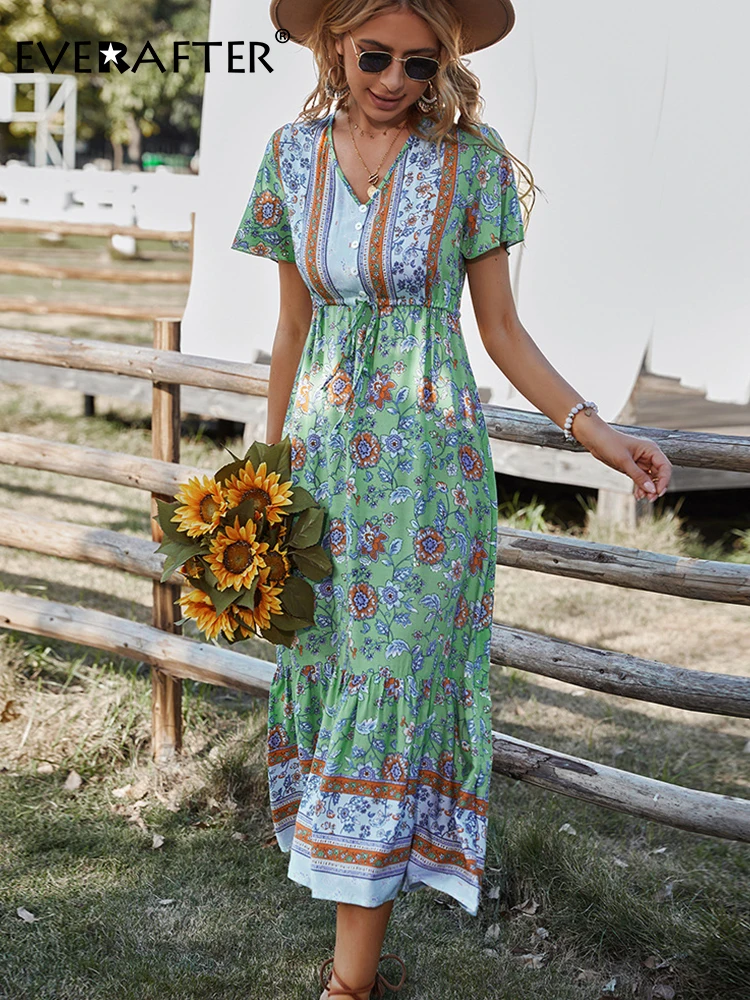 

EVERAFTER праздничное женское платье с коротким рукавом и цветочным принтом, летнее платье с высокой талией и v-образным вырезом на шнуровке, этн...