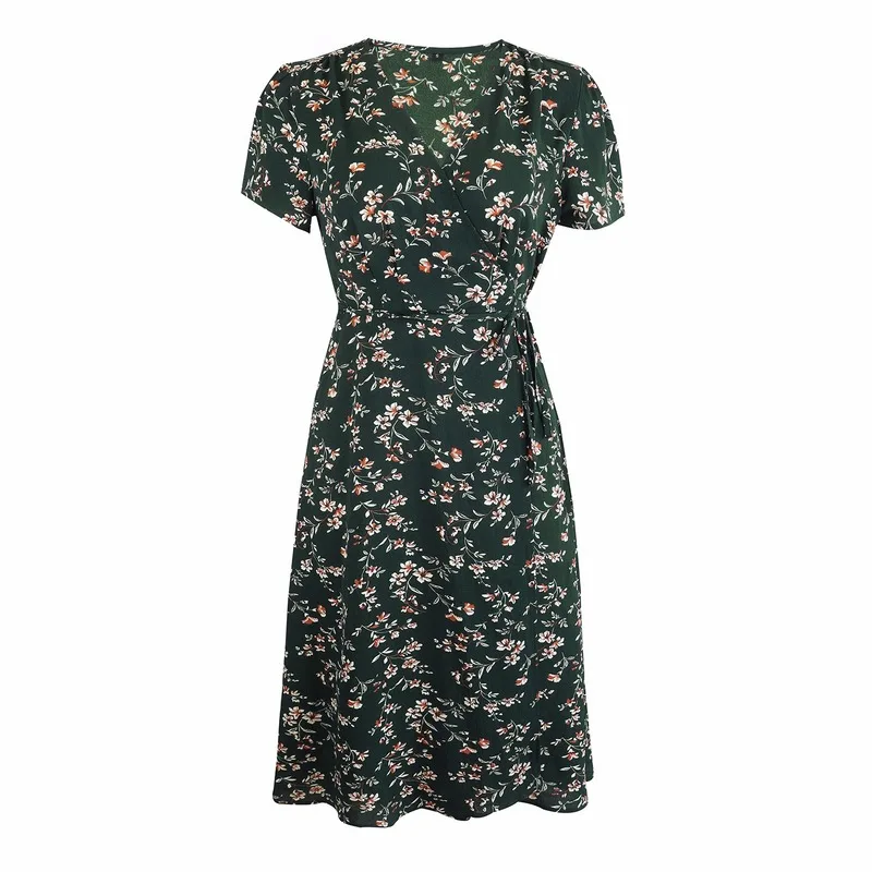 

Ladies summer lace-up slim chiffon floral dress sexy dress casual dress women dress mini dress A-Line Short Knee-Length