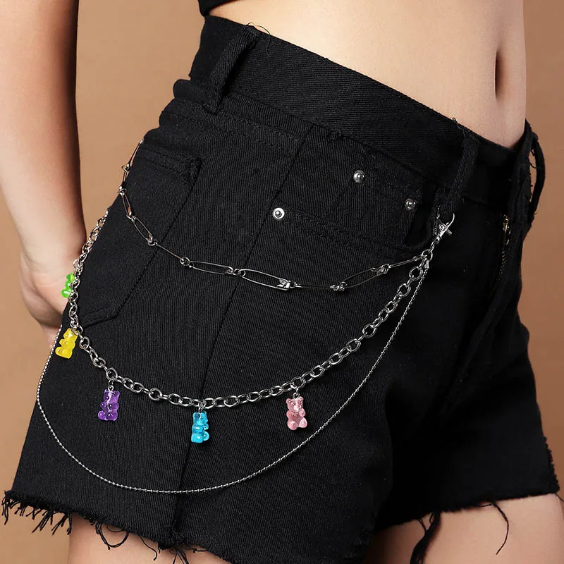 

Punk Hiphop Small Bear Pendant Jeans Pant Chain For Women Men Three Layers Metal KeyChain Belt Waist Chain Jewelry
